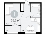 1-комнатная квартира площадью 35.3 кв.м, деревня Сапроново, 1М | цена 2 730 000 руб. | www.metrprice.ru