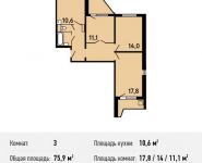 3-комнатная квартира площадью 76.7 кв.м, М.К.Тихонравова улица, д.1 | цена 5 595 270 руб. | www.metrprice.ru