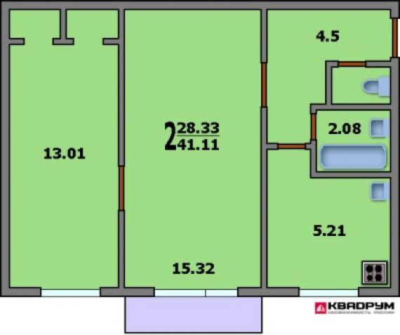 Дома серии i-511 - 3d планировка 2-комнатной квартиры вариан.