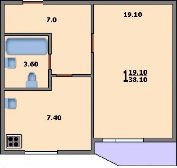 1-комнатная квартира п-44т: планировка вариант a: 38.1/19.1/.