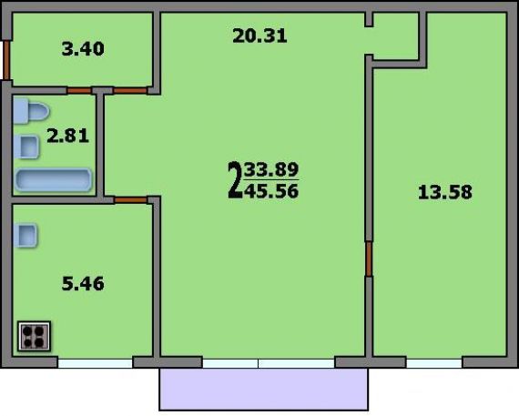 2-комнатная квартира i-515/5м: планировка вариант c: 45.6/33.