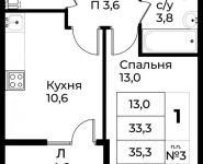 1-комнатная квартира площадью 35.3 кв.м,  | цена 4 431 915 руб. | www.metrprice.ru