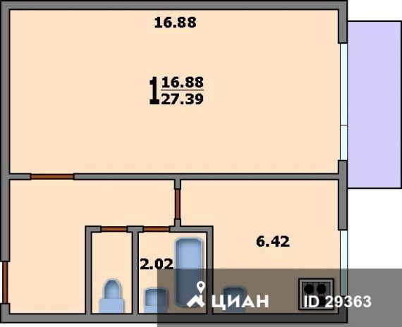 Дома серии ii-29 - 3d планировка 1-комнатной квартиры вариан.