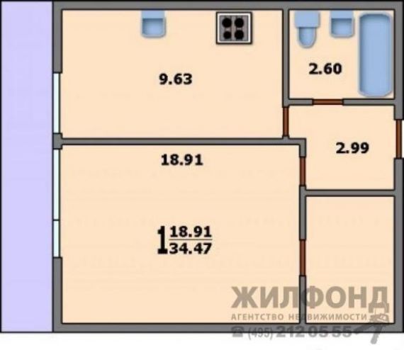 1-комнатная квартира и-522а: планировка вариант b: 34.5/18.9.